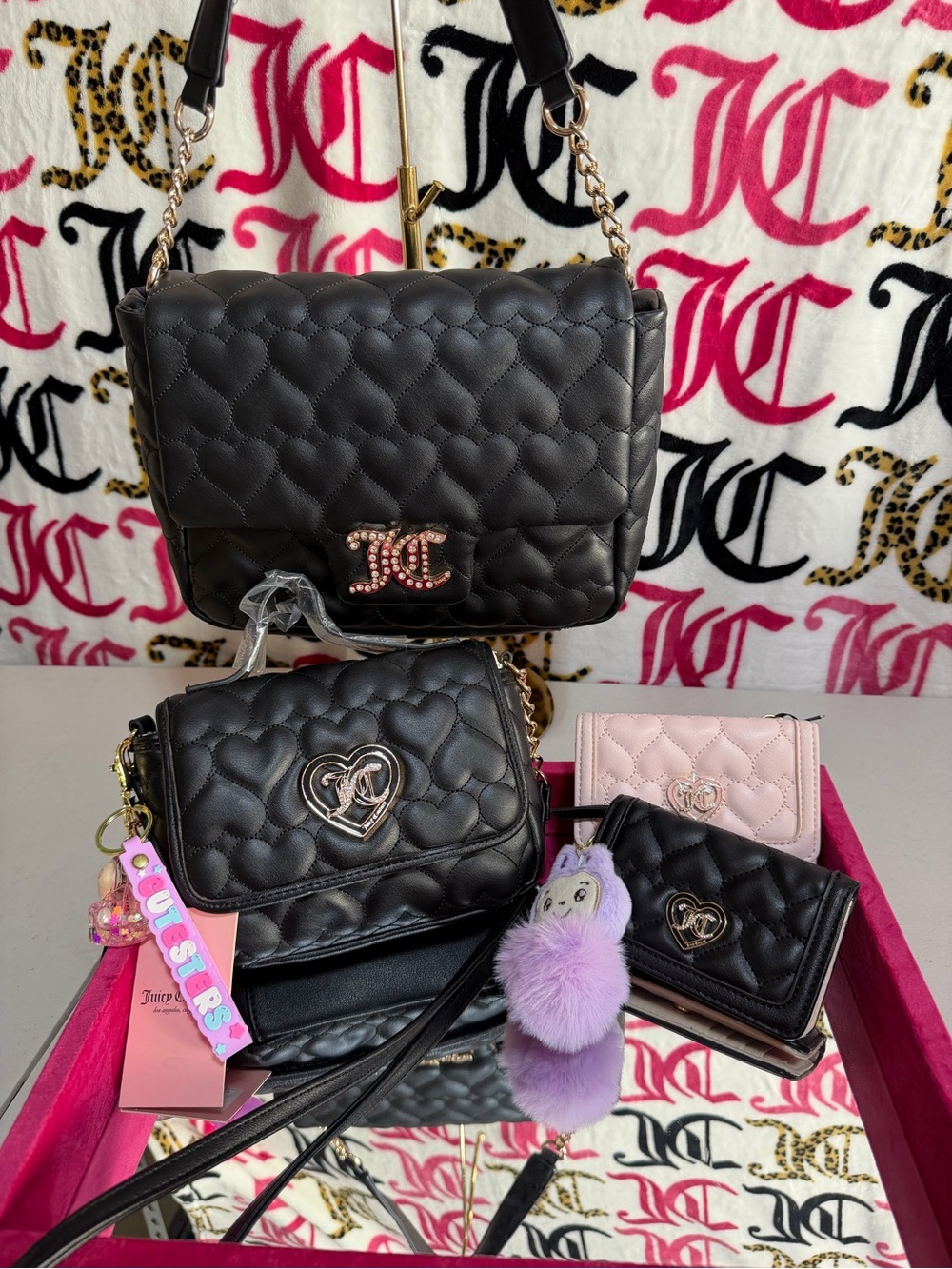 Juicy Couture Black Quilted Heart Crossbody with Pink & black Wallets